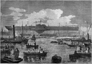 O "Leviatã" (Grande Oriente), o primeiro transatlântico gigante, durante sua tentativa de lançamento em 1857. Gravura em "Le Monde Illustré" n°31 de 14 de Novembro de 1857. de French School