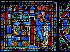 A janela da Vida de Cristo: Voo para o Egito - os habitantes de Jerusalém recebem o retorno (w50) de French School