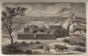 A Máquina de Marly - Vista da máquina do aqueduto de Marly instalada em Bougival - O aqueduto de Louveciennes (ou Marly) para para Versalhes e o castelo de Marly em água - gravura em “Histoire de France” de Victor Duruy (1811- 1894) - 1882 de French School