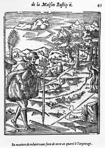 A maneira em que reduzir qualquer tipo de terreno para a Praça de topografia, ilustração de LAgriculture et Maison Rustique por Charles Estienne, edição publicada em 1641 de French School