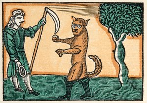 O gato mestre ou gato nas botas de histórias ou contos de tempos passados contada por Madre Goose, com moral, por M Perrault, pub. 1925 (impressão em xilogravura colorida à mão) de French School