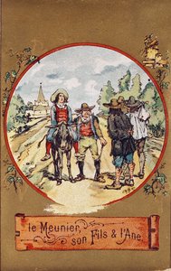 O Moleiro, seu Filho e o Burro, c.1880 (gravura colorida) de French School