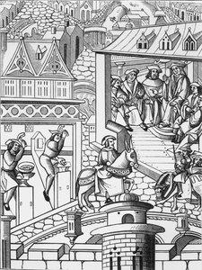 A Casa da Moeda, depois de uma xilogravura em De lInstitution de la Chose Politique, uma tradução da obra latina de Francis Patricius, publicada em 1520 de French School