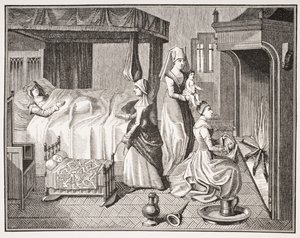 O recém-nascido, depois de uma miniatura do século 15 em "História da Belle Helaine", de "A Idade Média e o Renascimento", de Paul Lacroix (1806-84), publicou 1847 de French School