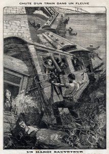 O trem Buffalo de Nova York cai em um rio nos Estados Unidos: um homem tenta salvar passageiros em risco de afogamento. No "Le Peute Parisien" em 7/11/1897. Coleção Privada de French School