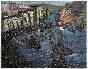 Os normandos, liderados por Rollo, sitiaram Paris em 885, ilustração da França e os franceses através do século, 1884 de French School