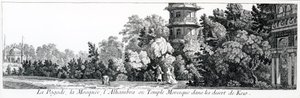 O Pagode, a Mesquita e o Templo Alhambra ou Mourisco em Kew, dos Jardins Anglo-Chinois à la Mode, de George Louis le Rouge, publicado entre 1775 e 1778 de French School