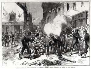 A Comuna de Paris: uma barricada em Issy, 2 de maio de 1871 (gravura) (foto bw) de French School