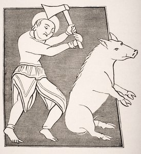 "O carniceiro de porco", reprodução de uma miniatura do século XV num foral da abadia de Solignac, de "Le Moyen Age et La Renaissance" de Paul Lacroix (1806-84), publicado em 1847 (litografia) de French School