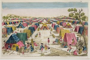Acampamento do exército prussiano, extraído da vida nos campos da Pomerânia, gravado por Vale, c.1750 (gravura colorida à mão) de French School