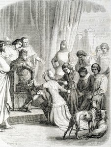 A Rainha de Inglaterra (Philippa de Hainaut) pede graças ao seu marido Eduardo III pelos habitantes de Calais (episódio dos 6 burgueses de Calais) de French School
