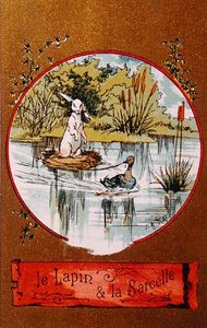 O coelho e a cerceta, cartão ilustrado que descreve a fábula por Jean de la Fontaine (1621-95) c.1880 de French School