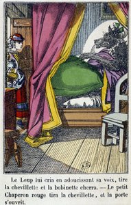 O Capuchinho Vermelho entra na sala onde o lobo tomou o lugar de sua avó - em "O Capuchinho Vermelho", ed. Pellerin, Epinal, n.d. 19. de French School