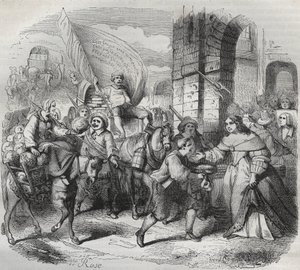 O Regresso de Gonesse, episódio da Fronde: a "Senhora de Paris" acolhe a "Senhora de Aubervilliers" e a "Nouricier Gonesse" que a veio fornecer. Frente de gravura 1649 - gravura em "Paris a travers les siecles" de H. Gourdon de Genouillac de French School