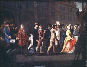 O retorno dos comediantes após a supressão da comédia Italienne, 1697 de French School