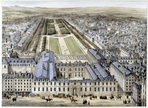 O Palácio Real em 1679, visto da Rua St Honoré - litografia de French School