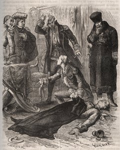 O Imperador russo Pedro III (1728-1762), designado residência, foi assassinado por ordem de sua esposa Catarina II, que acabara de derrubá-lo e tomar o poder, por Alexei Orlov (1737-1808) e seus guardas, em 17 de julho de 1762. Gravura de 1871 em "Histoire de French School