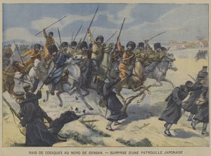 A Guerra Russo-Japonesa: Cossacos surpreendem uma patrulha japonesa numa incursão ao norte de Gensan, Coreia (cor litho) de French School