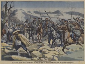 A Guerra Russo-Japonesa: um destacamento japonês e seu comandante capturado por cossacos (cor litho) de French School