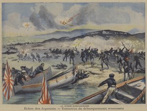 A Guerra Russo-Japonesa: uma tentativa de desembarque das tropas japonesas é repelida (cor litho) de French School