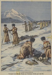 A Guerra Russo-Japonesa: transporte de soldados russos feridos em trenós feitos de esquis (cor litho) de French School
