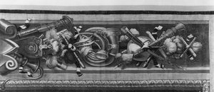 The Seasons Tapeçaria, fronteira, instrumentos musicais, c.1670, Gobelins Factory (detalhe) de French School