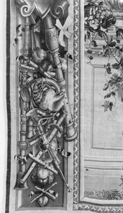 The Seasons Tapeçaria, fronteira, instrumentos musicais, c.1670, Gobelins Factory (detalhe) de French School
