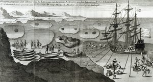 O navio que faz aliança com os esquimós, de "Histoire de l&39;Amerique Septentrionale" por Bacqueville de La Potherie (1663-1736), publicado em 1753 de French School