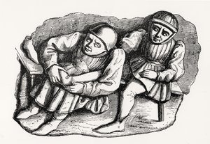 O Sapateiro e seu Cliente, copiados de uma das Barracas da Misericórdia no Coro da Catedral de Rouen, ilustração da Ciência e Literatura da Idade Média e do Renascimento, escrita e de French School