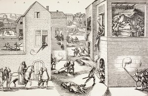 O massacre de São Bartolomeu, em agosto de 1572, de "A vida militar e religiosa na Idade Média", de Paul Lacroix, publicado em Londres, c.1880 de French School