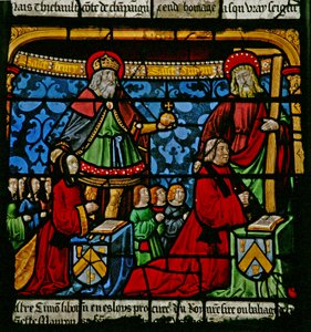A janela de St Louis: Os doadores Henriette de Mauroy e Simon Liboron podem ser vistos com seus patronos São Henrique e Simão de Cirene de French School