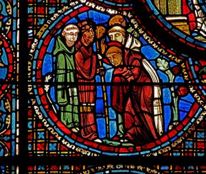 A janela St Lubin: St Avit abençoa Lubin e os dois monges (w45) de French School