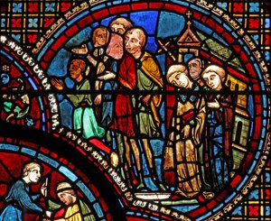 A janela de St Lubin: uma procissão deixa uma igreja (w45) de French School