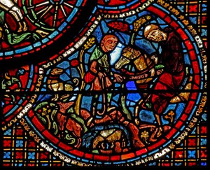 A janela de St Lubin: sua educação - um monge lhe dá um cinto com um alfabeto inscrito (w45) de French School