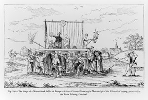 O Palco de um Vendedor de Drogas, ilustração da Ciência e Literatura da Idade Média e do Renascimento, escrita e gravada por Paul Lacroix, 1878 de French School
