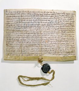 Os estatutos da Universidade de Paris, produzidos e concedidos pelo cardeal Robert de Courson, legado papal, em agosto de 1215 (velino e cera) de French School