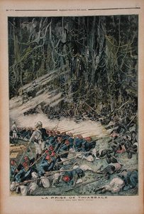 A tomada de Thiassale, a batalha na floresta tropical virgem, ilustração de Le Petit Journal, 26 de agosto de 1893 de French School