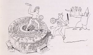 O Temalacati, ou Pedra Gladiatorial, do Codex Ramirez, de "As Antigas Cidades do Novo Mundo", de Claude-Joseph-Desire Charney, pub. 1887 de French School