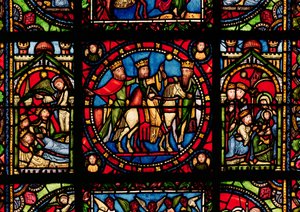 Os Três Reis Magos, detalhe de uma janela representando a história da Virgem de French School