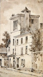 A Torre onde Louis-Jacques Daguerre fez as suas descobertas (aguarela sobre papel) de French School