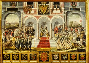 O Tratado de Cateau-Cambrésis e o Abraço de Henri II (1519-59) da França e Filipe II (1527-98) da Espanha, de 2 a 3 de abril de 1559 de French School