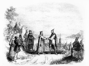 O Tratado de Saint Clair-sur-Epte entre Charles III O Simples (879-929) Rei da França (898-923) e Rollo o Viking em 911 de French School