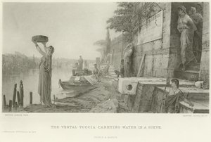 O Vestal Tuccia transportando água em uma peneira (gravura) de French School