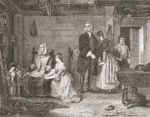 O Vigário de Wakefield reconciliando a sua esposa com Olivia, após a pintura de Gilbert Stuart Newton. De Histoire des Peintres, École Anglaise, publicado em 1867 (litho) de French School