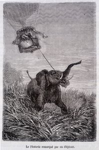 A Victoria rebocada por um elefante - em "Cinco Semanas em Balão", romance de Jules Verne de French School