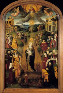 A Virgem com o Rei de Trigo Luís XII (1462-1515) e o Papa Alexandre VI (1431-1503) estão presentes. Deus Todo-Poderoso, segurando o Globo, abençoou a cena enquanto o Espírito Santo protegia a Virgem e o Menino. Pintura em madeira da Escola Francesa do 16º  de French School