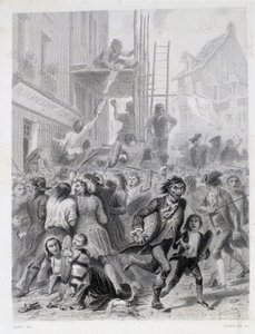 A Guerra das Farinhas: motim em frente a uma padaria em maio de 1775 (primeiros frutos da Revolução Francesa) de French School