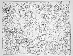 The Witches Sabbath, cópia de uma ilustração de Tableau de linconstance des mauvais anges de Pierre de Lancre, Paris 1612, usada em uma História da Magia, publicada no final do século XIX de French School