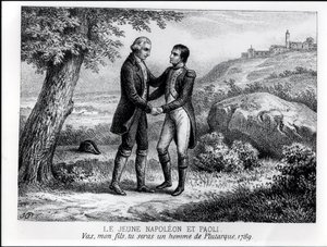 O jovem Napoleão Bonaparte (1769-1821) encontrando Pasquale Paoli (1725-1807) em 1789, de um livro sobre a Córsega de JA Galetti, Paris, 1863 de French School