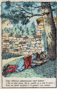A bolota e a abóbora. Fábulas de Jean de La Fontaine (1621-95), imagens da Epinal do final do século XIX. de French School